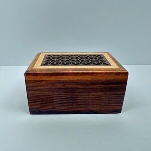 Vintage Rosewood Trinket Box 5"x3.25"x2" Inlaid Indian Jali Work Carving Hinged